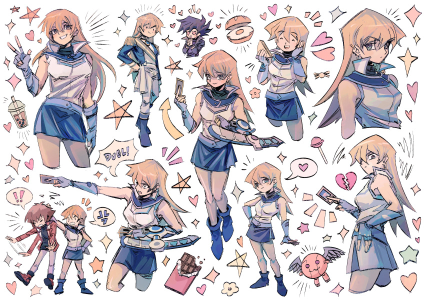 !, 1girl, 2boys, absurdres, angry, black_hair, black_jacket, black_shirt, black_sweater, blonde_hair, blue_footwear, blue_gloves, blue_skirt, breasts, broken_heart, brown_eyes, brown_hair, bubble_tea, candy, card, chocolate, chocolate_bar, commentary, cyber_petit_angel, duel_academy_uniform_(yu-gi-oh!_gx), duel_disk, duel_monster, egg, english_commentary, flower, food, gloves, happy, heart, highres, jacket, judgedarts, lollipop, long_hair, looking_at_viewer, manjoume_jun, medium_breasts, miniskirt, multiple_boys, pants, red_footwear, red_jacket, sandwich, shirt, simple_background, skirt, sleeveless, sleeveless_jacket, smile, speech_bubble, star_(symbol), sweater, tenjouin_asuka, turtleneck, turtleneck_sweater, v, white_background, white_pants, white_skirt, yu-gi-oh!, yu-gi-oh!_gx, yuki_judai