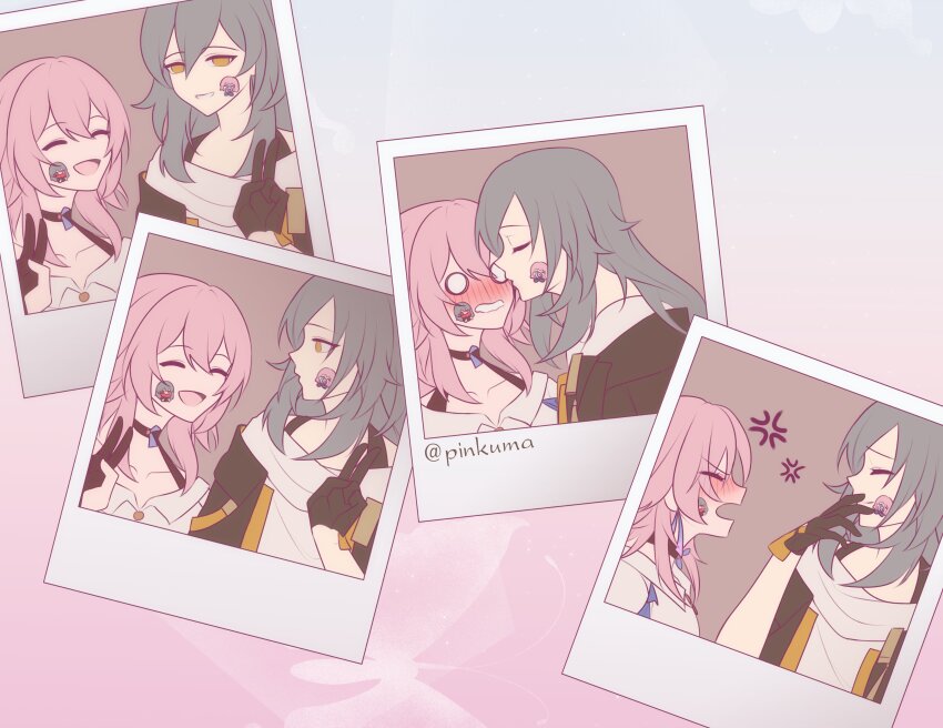 2girls, absurdres, anger_vein, artist_name, blush, choker, closed_eyes, commentary