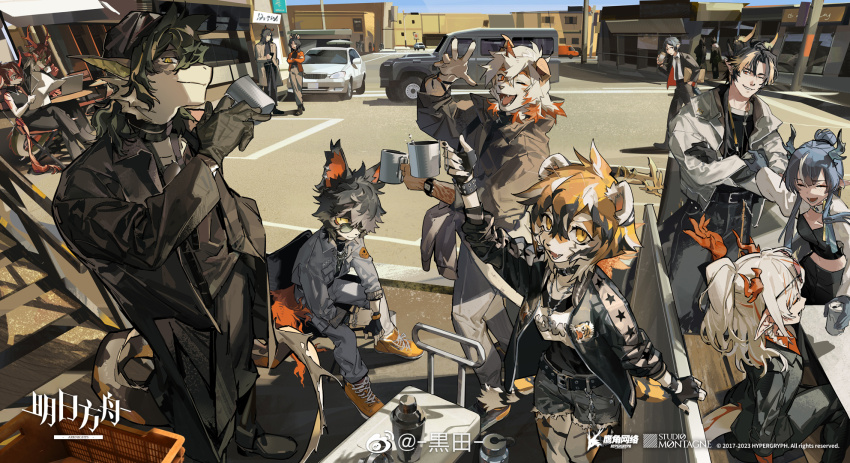 aak_(arknights), animal_ears, arknights, black_hair, blue_hair, car, chongyue_(arknights), coat, cup, furry, furry_female, furry_male, glasses, gloves, grey_hair, highres, horns, hung_(arknights), kuroblood, lee_(arknights), liang_xun_(arknights), ling_(arknights), looking_at_viewer, motor_vehicle, multiple_boys, multiple_girls, necktie, nian_(arknights), ning_ciqiu_(arknights), orange_eyes, pointy_ears, ponytail, princess_fumizuki_(arknights), road, street, tail, waai_fu_(arknights), wei_yenwu_(arknights), zuo_le_(arknights)
