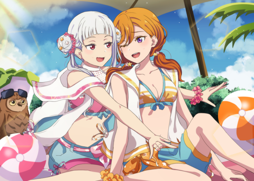 2girls, arashi_chisato, ball, beach, beach_umbrella, beachball, bikini, bird