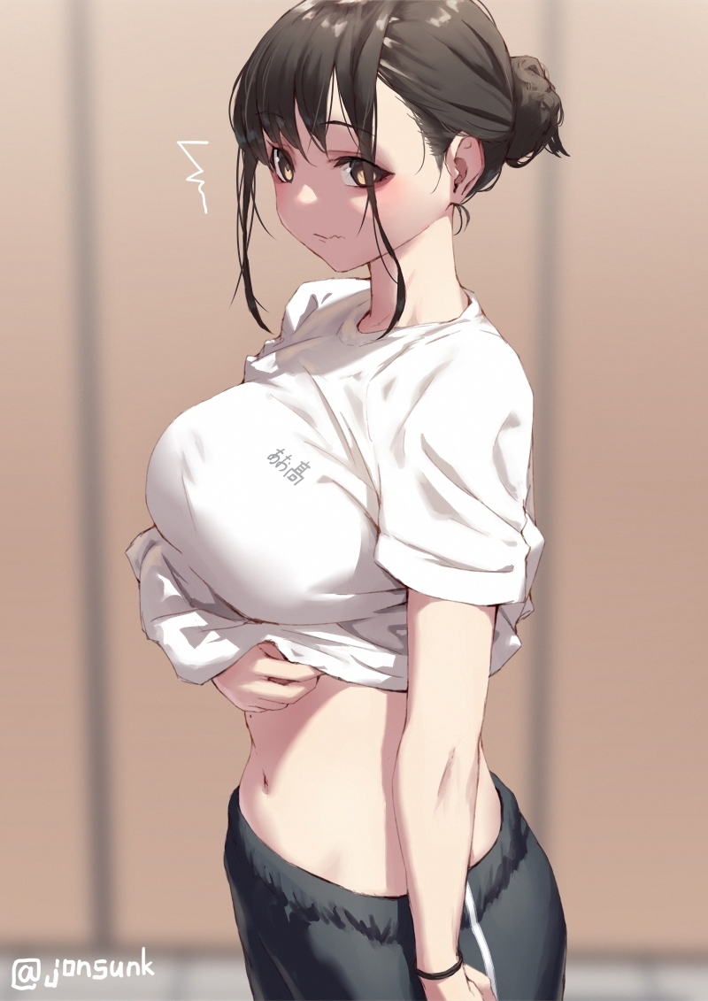 1girl, ^^^, aya_(jonsun), black_shorts, blurry, blurry_background, breasts, brown_eyes