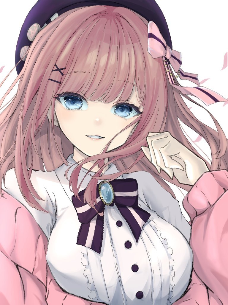 1girl, beret, blue_eyes, bow, bowtie, breasts, brooch, brown_hair, buttons, cardigan, collared_shirt, eyes_visible_through_hair, floating_hair, frilled_shirt, frills, hair_bow, hair_ornament, hand_up, hat, hat_pin, jewelry, lips, long_hair, long_sleeves, looking_to_the_side, medium_breasts, nijisanji, noah_ark38, off_shoulder, parted_lips, pink_cardigan, puffy_sleeves, shirt, simple_background, smile, solo, suzuhara_lulu, suzuhara_lulu_(1st_costume), teeth, two-tone_bow, upper_body, virtual_youtuber, white_background, white_shirt, wing_collar, x_hair_ornament