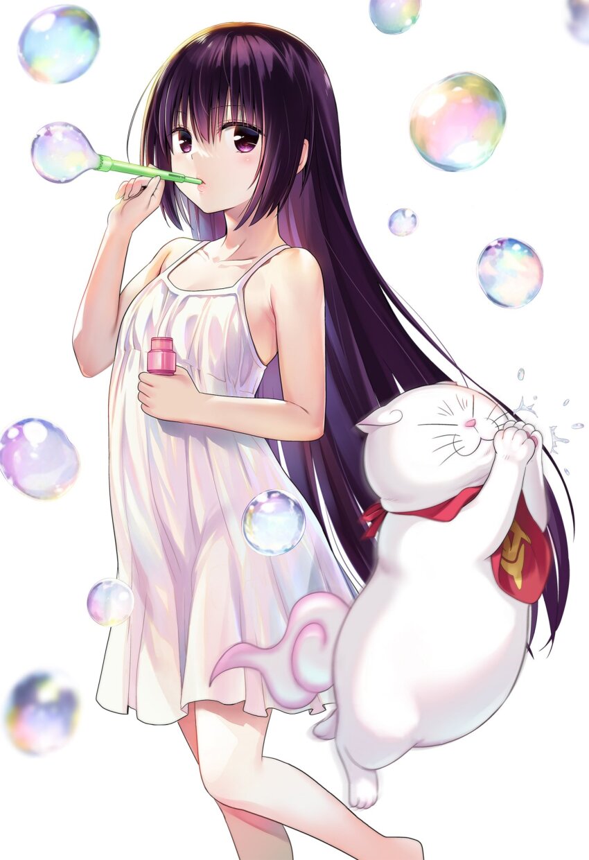 1girl, 1other, ayakashi_triangle, blowing, bubble, blowing_bubbles, bubble_pipe, cleaned, commentary, derivative_work, dress, english_commentary, eyelashes, flat_chest, highres, kanade_(ayatora), light_blush, long_hair, looking_at_viewer, momocchi18, official_art, purple_eyes, purple_hair, shirogane_(ayatora), short_dress, simple_background, sleeveless, sleeveless_dress, standing, white_background, white_dress, yabuki_kentarou