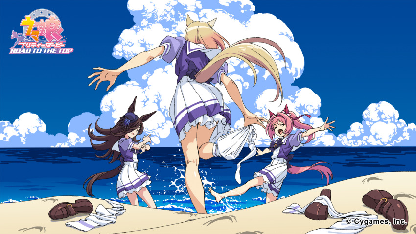 3girls, ^_^, animal_ears, barefoot, beach, blonde_hair, blue_flower, blue_headwear