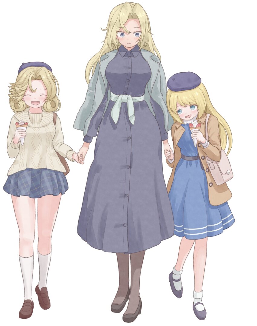 3girls, :d, alternate_costume, bag, beret, black_footwear, blonde_hair, blue_dress, blue_eyes, blue_skirt, blush, breasts, brown_footwear, brown_jacket, commentary, crepe, dress, food, full_body, green_jacket, grey_eyes, hat, highres, holding, holding_crepe, holding_food, holding_hands, hornet_(jal)_(kancolle), hornet_(kancolle), jacket, jacket_on_shoulders, janus_(kancolle), jervis_(kancolle), jervis_(mitsukoshi)_(kancolle), kantai_collection, large_breasts, loafers, long_hair, multiple_girls, official_alternate_costume, open_mouth, pink_bag, plaid_clothes, plaid_skirt, pleated_skirt, shoes, short_hair, simple_background, skirt, smile, socks, soso_uso, sweater, white_background, white_socks, white_sweater