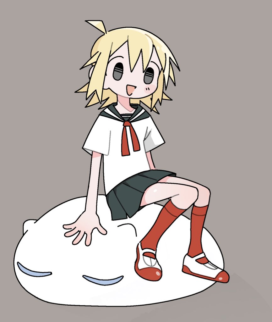 1girl, ahoge, arm_support, black_eyes, black_sailor_collar, black_skirt, blonde_hair, blush