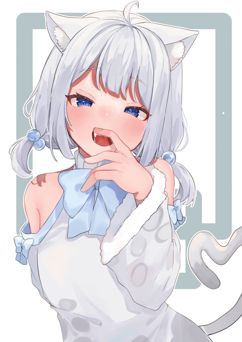 1girl, absurdres, ahoge, animal_ear_fluff, animal_ears, arm_behind_back, blue_eyes, cat_ears