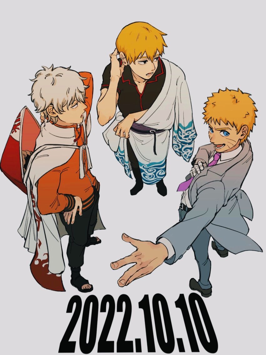 3boys, arm_behind_head, birthday_connection, blonde_hair, blue_eyes, cosplay, crossover, facial_mark, formal_clothes, from_above, gintama, grey_suit, hamariito, hand_on_own_hip, hat_on_back, highres, hokage, japanese_clothes, kimono, long_sleeves, looking_at_another, mob_psycho_100, multiple_boys, naruto_(series), naruto_shippuuden, necktie, open_mouth, orange_shirt, outstretched_arm, patterned_clothing, purple_necktie, reigen_arataka, reigen_arataka_(cosplay), release_date, sakata_gintoki, sakata_gintoki_(cosplay), shirt, short_hair, short_sleeves, smile, suit, uzumaki_naruto, uzumaki_naruto_(cosplay), whisker_markings, white_hair, white_kimono, white_shirt