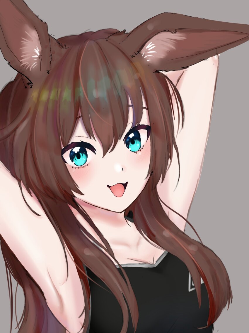 1girl, :3, absurdres, amiya_(arknights), animal_ears, arknights, armpits, arms_behind_head, arms_up, breasts, brown_hair, cleavage, collarbone, fuura_yuri_(artist), green_eyes, highres, long_hair, looking_at_viewer, medium_breasts, open_mouth, rabbit_ears, rabbit_girl, simple_background, smile, solo, tank_top