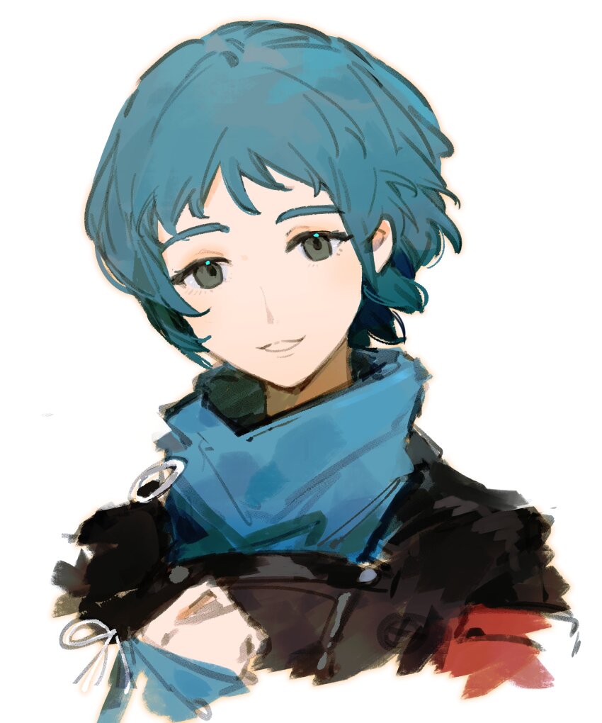 1girl, absurdres, armband, black_eyes, black_jacket, blue_hair, cropped_torso, gekkoukan_high_school_uniform