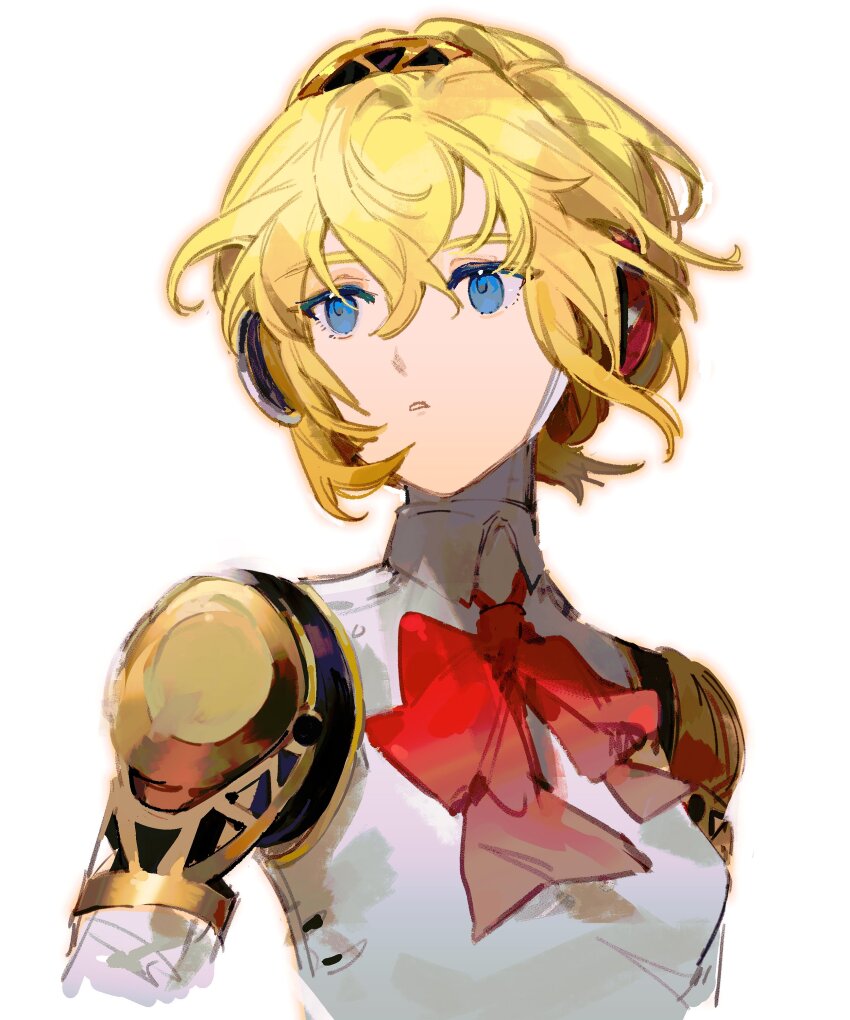 1girl, absurdres, aigis_(persona), android, blonde_hair, blue_eyes, bow, bowtie, breasts, hair_between_eyes, highres, hikawayunn, joints, parted_lips, persona, persona_3, red_bow, red_bowtie, robot_joints, short_hair, simple_background, small_breasts, solo, upper_body, white_background