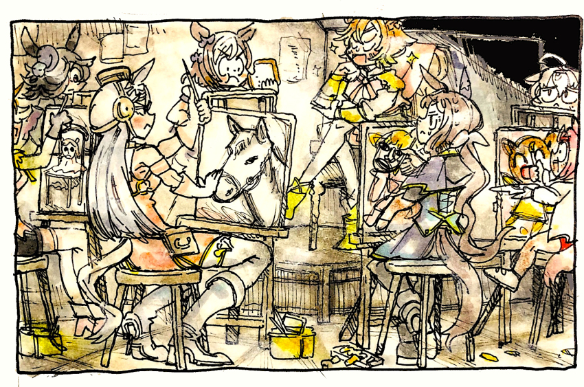 6+girls, :t, admire_vega_(umamusume), ahoge, animal_ears, armband, armor, belt_pouch, blue_headwear, blush_stickers, boots, bow, breast_hold, breasts, brown_headwear, buruma, clothing_cutout, commentary_request, crossed_legs, dress, ear_bow, easel, eating, frown, gold_ship_(umamusume), grey_hair, hair_bow, hair_over_one_eye, hairband, haru_urara_(umamusume), headgear, holding, holding_paintbrush, horse, horse_ears, horse_girl, horse_tail, knee_boots, long_hair, low_ponytail, medium_breasts, medium_request, meisho_doto_(umamusume), morisshii_(morishiey), multiple_girls, paintbrush, painting_(action), painting_(object), pantyhose, pauldrons, pillbox_hat, pink_hair, ponytail, pouch, purple_bow, red_buruma, red_dress, shoes, shoulder_armor, single_pauldron, sitting, sleeveless, sleeveless_dress, sneakers, sparkle, special_week_(special_dreamer)_(umamusume), special_week_(umamusume), sweatdrop, swept_bangs, t.m._opera_o_(racehorse), t.m._opera_o_(umamusume), tail, tail_through_clothes, thighhighs, tilted_headwear, traditional_media, umamusume, v-shaped_eyebrows, very_long_hair, white_bow, white_footwear, white_pantyhose, white_thighhighs