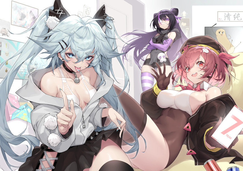 3girls, absurdres, bare_shoulders, black_hair, blue_eyes, blue_nails, breasts, capsule, cleavage, florence_(drugged_chocolate)_(neural_cloud), florence_(heartfelt_projection)_(neural_cloud), florence_(neural_cloud), food, girls'_frontline, girls'_frontline_neural_cloud, hair_ornament, hairclip, highres, indoors, jacket, kac-pdw_(girls'_frontline), kneeling, lifting_own_clothes, long_hair, looking_at_viewer, lying, medium_breasts, microskirt, multiple_girls, open_clothes, open_jacket, pa-15_(girls'_frontline), purple_eyes, purple_hair, red_eyes, red_hair, shanyao_jiang_tororo, short_hair, sideboob, skirt, small_breasts, standing, tongue, tongue_out, twintails, white_nails, willow_(neural_cloud)