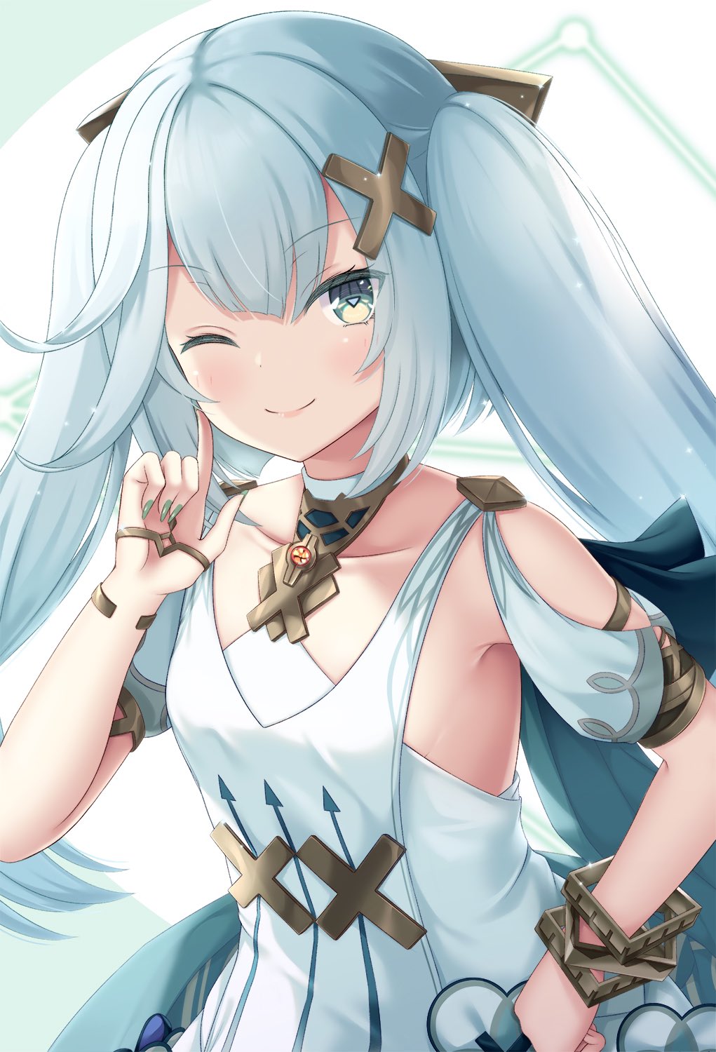 1girl, ;), aqua_eyes, aqua_hair, aqua_nails, bare_shoulders, blush, breasts