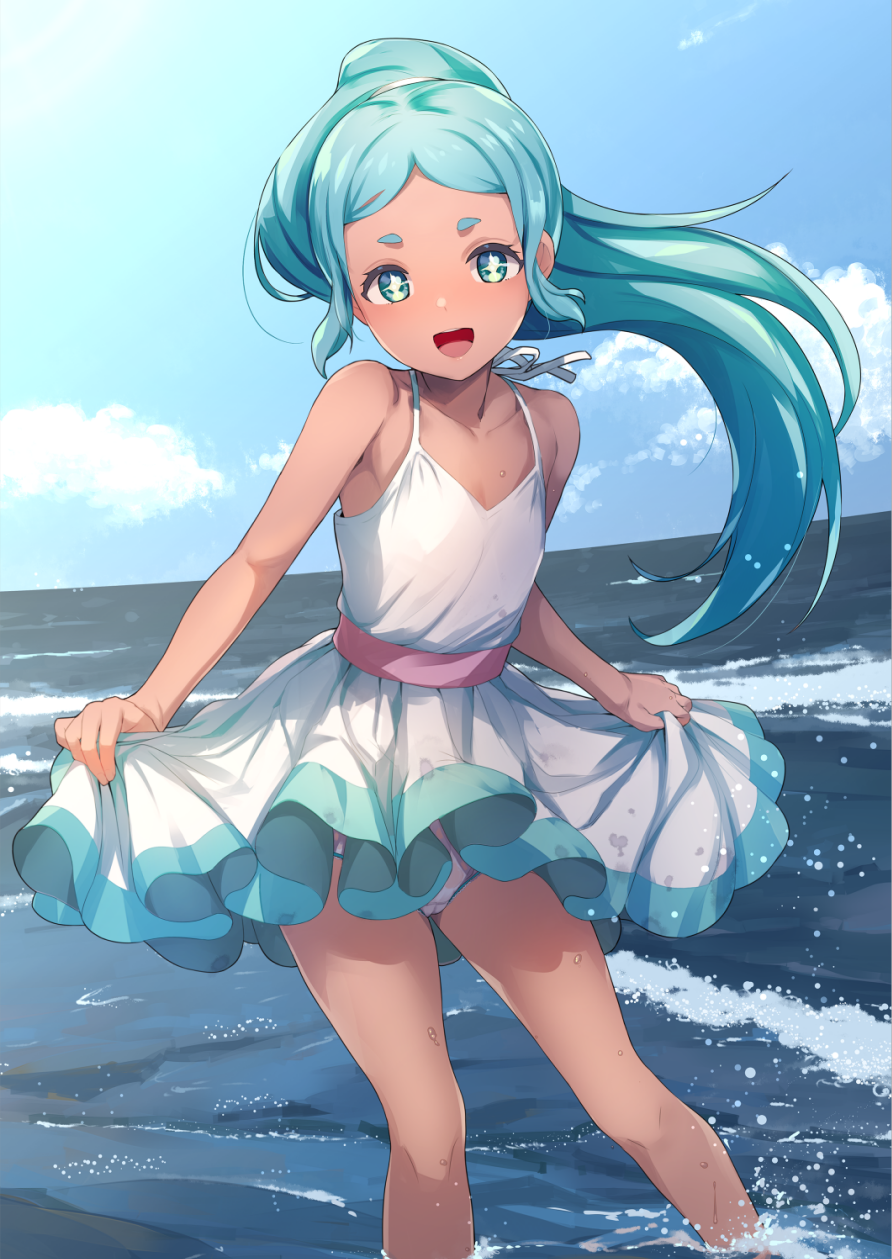 +_+, 1girl, aqua_eyes, aqua_hair, bare_shoulders, blue_sky, blush, brand_new_animal, cloud, commission, dark-skinned_female, dark_skin, day, dress, flat_chest, floating_hair, highres, holding_own_dress, long_hair, looking_at_viewer, nina_flip, ocean, open_mouth, outdoors, panties, pantyshot, ponytail, short_eyebrows, skeb_commission, sky, sleeveless, sleeveless_dress, smile, sody, solo, two-tone_dress, underwear, wading, water, wet, white_dress, white_panties