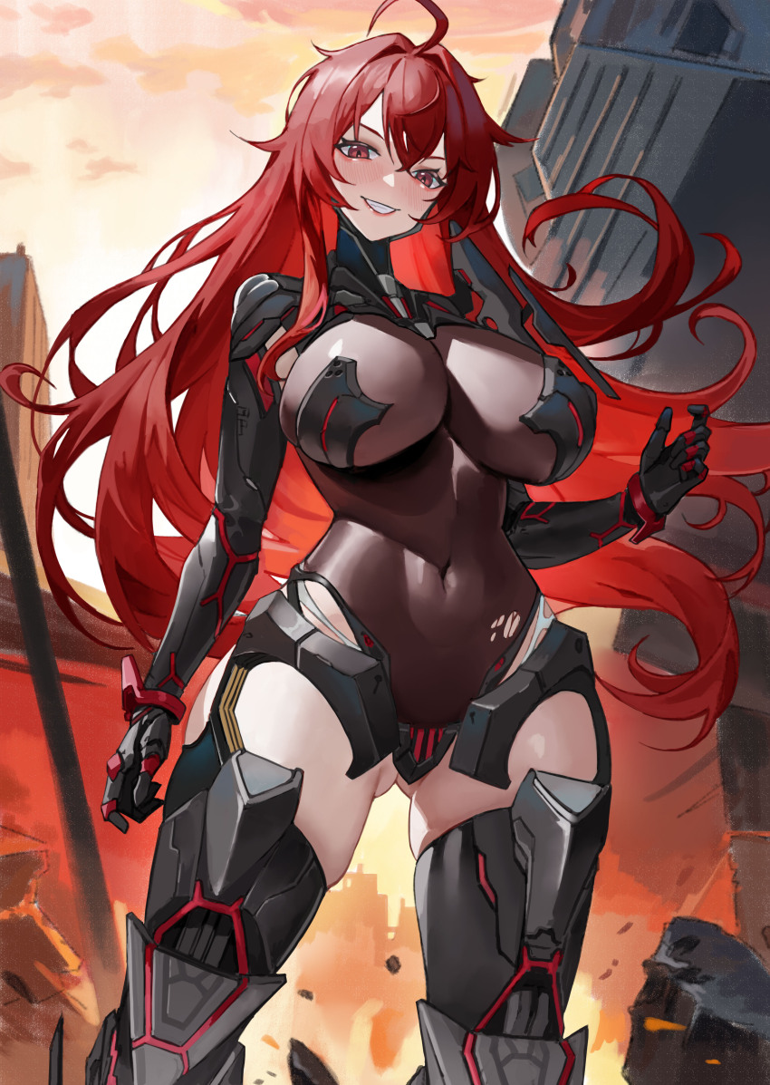 1girl, absurdres, ahoge, arm_armor, armor, armored_boots, armored_leotard, blush, bodystocking, boobplate, boots, breastplate, breasts, cleavage, commentary, covered_navel, floating_hair, gluteal_fold, goddess_of_victory:_nikke, grin, hair_between_eyes, hair_intakes, highres, large_breasts, leotard, long_hair, looking_at_viewer, nihilister_(nikke), orange_sky, outdoors, red_eyes, red_hair, sama_(sama24654684), see-through_clothes, see-through_cleavage, sidelocks, skindentation, sky, smile, solo, standing, teeth, torn_bodystocking, torn_clothes