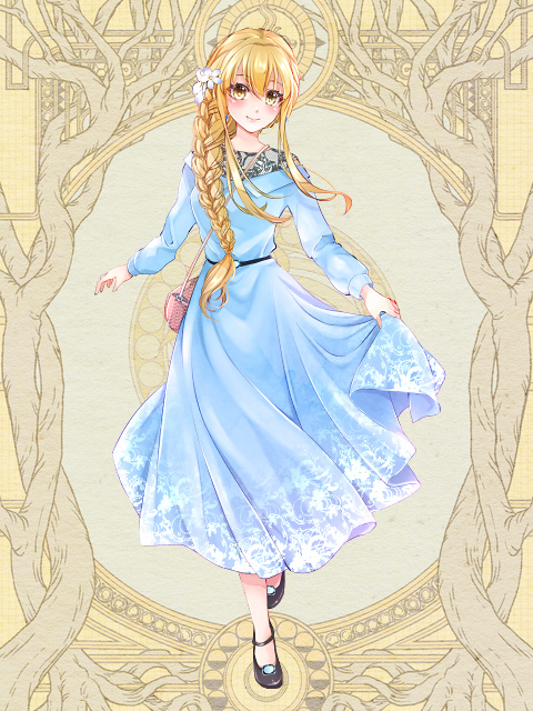 1girl, bag, black_footwear, blonde_hair, blue_dress, braid, dairoku_ryouhei, dress