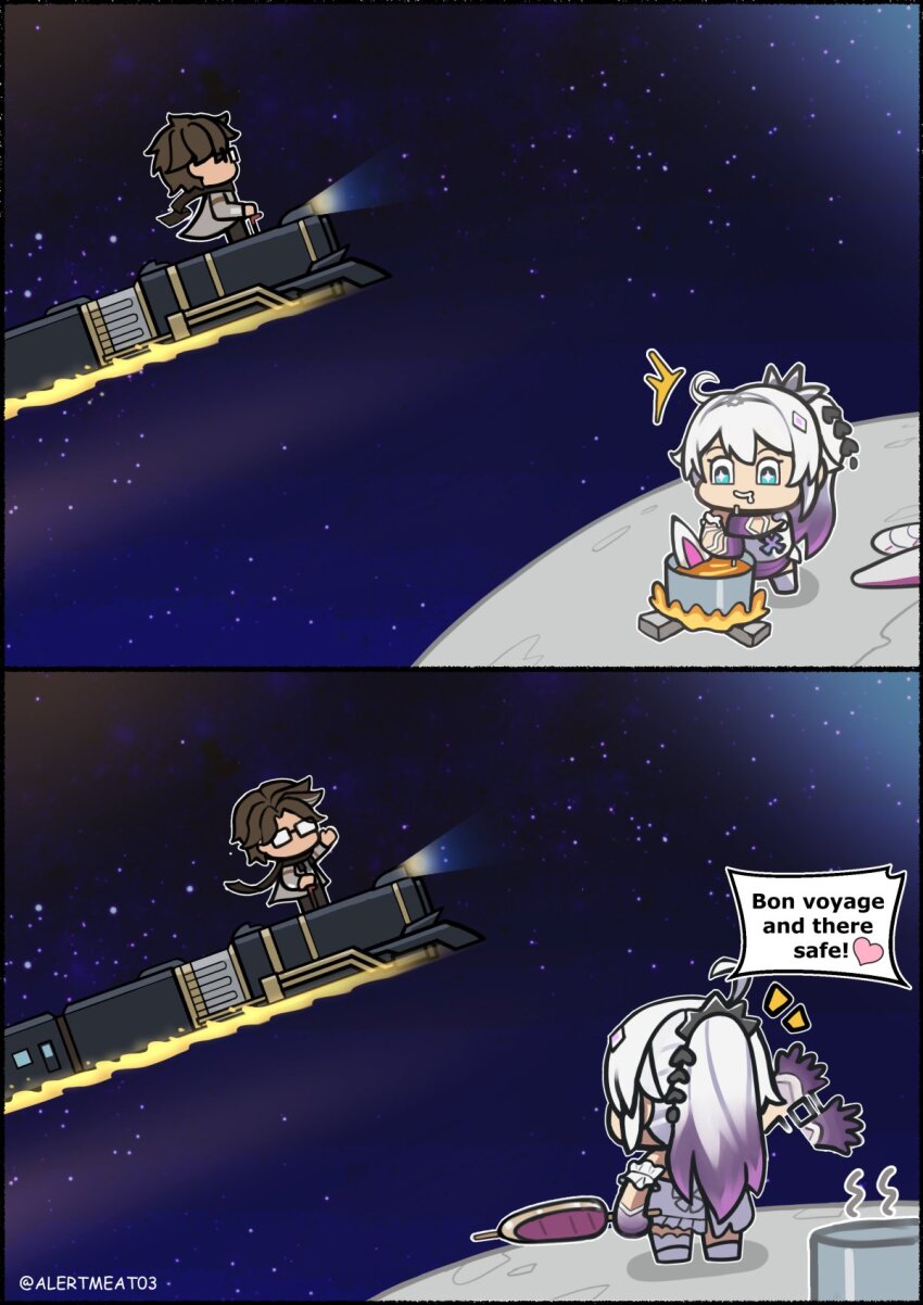 1boy, 1girl, ahoge, alertmeat03, black_scarf, blue_eyes, brown_hair, cane, chibi, company_connection, cooking, drooling, english_text, engrish_text, glasses, gradient_hair, highres, holding, holding_skewer, honkai:_star_rail, honkai_(series), honkai_beast, honkai_impact_3rd, kiana_kaslana, kiana_kaslana_(herrscher_of_finality), mihoyo, moon, multicolored_hair, on_moon, opaque_glasses, ponytail, purple_hair, ranguage, scarf, skewer, sky, space, speech_bubble, star_(sky), starry_sky, symbol-shaped_pupils, train, waving, welt_yang, white_hair