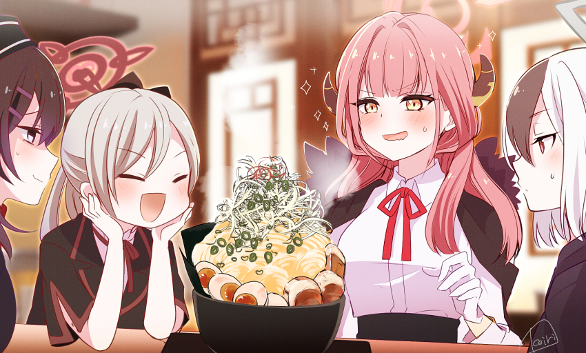 4girls, aru_(blue_archive), blue_archive, blush, bow, coat, coat_on_shoulders, collared_shirt