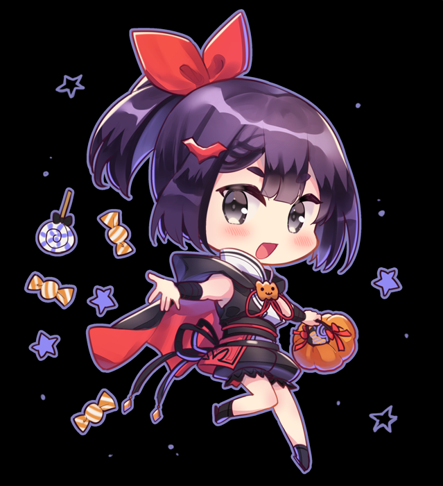 1girl, bat_hair_ornament, black_background, black_footwear, black_hair, candy, cape, chibi
