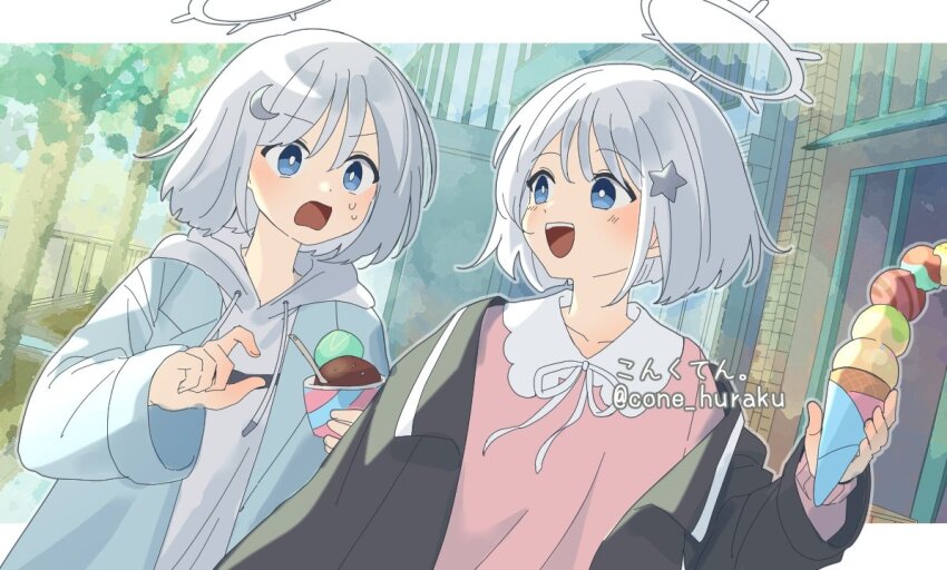 2girls, alternate_costume, black_jacket, blue_eyes, blue_jacket, blush, bob_cut, bright_pupils, building, casual, clueless, coeiroink, collarbone, collared_shirt, commentary_request, commission, corn_kuten, crescent, crescent_hair_ornament, day, dutch_angle, food, hair_ornament, halo, holding, holding_food, holding_ice_cream, hood, hood_down, hoodie, ice_cream, ice_cream_cone, jacket, letterboxed, long_sleeves, looking_at_another, multiple_girls, multiple_scoops, nako_(coeiroink), neck_ribbon, open_clothes, open_jacket, open_mouth, outdoors, outside_border, pink_shirt, pointing, reco_(coeiroink), ribbon, shirt, short_hair, siblings, skeb_commission, smile, star_(symbol), star_hair_ornament, sweatdrop, too_many, too_many_scoops, tree, twins, twitter_username, upper_body, v-shaped_eyebrows, watermark, white_hoodie, white_pupils, white_ribbon, worried