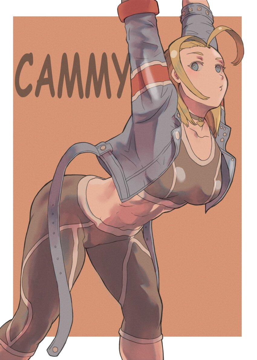 1girl, ass, blonde_hair, blue_eyes, breasts, cammy_white, character_name, crop_top