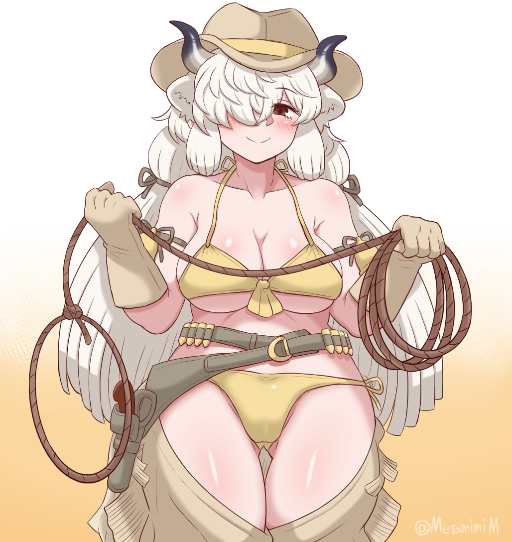 1girl, alternate_costume, ammunition, ammunition_belt, animal_ears, bell, bikini, black_horns, blush, breasts, brown_eyes, chaps, cleavage, closed_mouth, collarbone, commentary_request, cowbell, cowboy_hat, cowboy_shot, cowboy_western, eyelashes, gloves, gluteal_fold, gradient_background, grey_horns, gun, hair_over_one_eye, hair_ribbon, handgun, hands_up, hat, holding, holding_lasso, holding_rope, holster, holstered, horns, kemono_friends, kemono_friends_3, large_breasts, lasso, long_bangs, long_hair, looking_at_viewer, metamimi, multicolored_horns, cow_ears, cow_horns, ribbon, rope, side-tie_bikini_bottom, smile, solo, stomach, swimsuit, twitter_username, underboob, very_long_hair, weapon, white_hair, yak_(kemono_friends), yellow_bikini