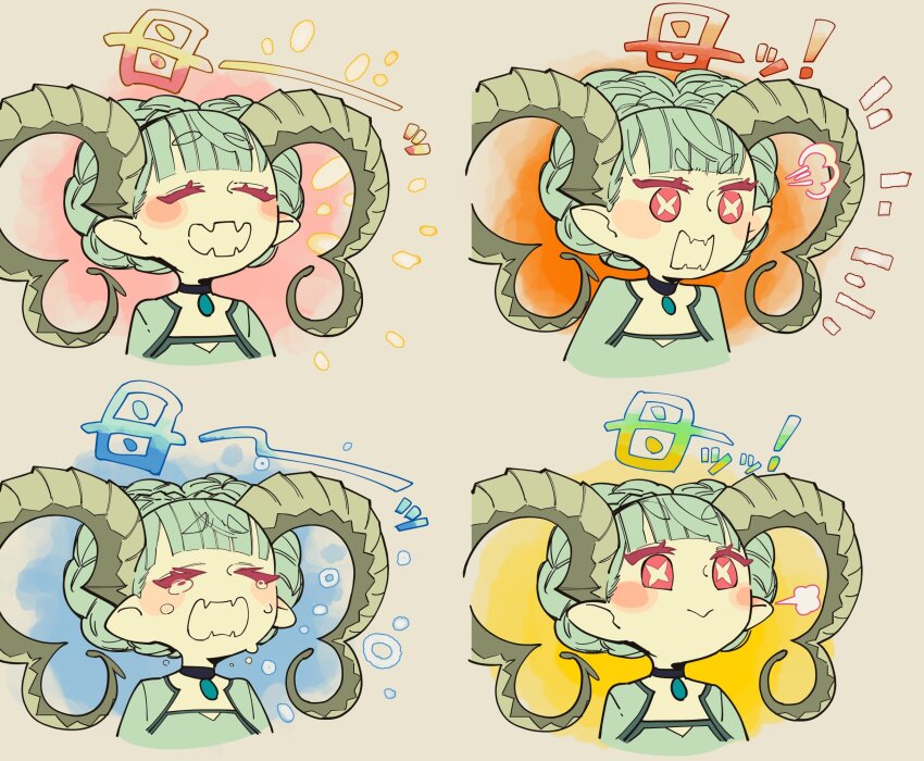 1girl, puff_of_air, angry, black_choker, blue_hair, choker, crying, multiple_expressions