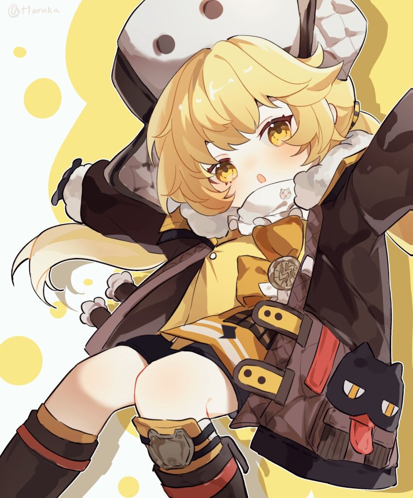 1girl, :o, arms_up, black_shorts, blonde_hair, brown_coat, brown_sleeves, coat, haruka_(rsyaooooo), highres, honkai:_star_rail, honkai_(series), hook_(honkai:_star_rail), long_hair, long_sleeves, looking_at_viewer, no_nose, open_mouth, ponytail, shorts, simple_background, solo, yellow_eyes