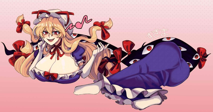 1girl, absurdres, ass, blonde_hair, bow, breasts, cleavage, commentary, dress, elbow_gloves, english_commentary, gap_(touhou), gloves, gradient_background, hair_bow, hat, hat_ribbon, highres, large_breasts, long_hair, looking_at_viewer, mob_cap, open_mouth, pink_background, polka_dot, polka_dot_background, purple_dress, red_bow, red_eyes, red_ribbon, ribbon, rinnytanart, short_sleeves, solo, touhou, white_gloves, white_hat, yakumo_yukari