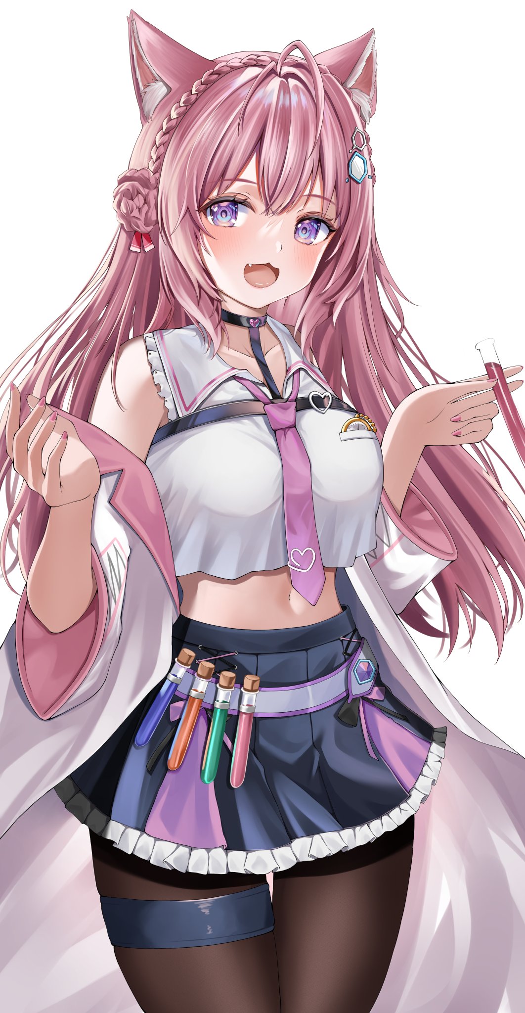 1girl, ahoge, animal_ear_fluff, animal_ears, belt, black_pantyhose, black_skirt, blush, braid, coat, fang, hakui_koyori, highres, hololive, long_hair, midriff, miniskirt, navel, necktie, off_shoulder, open_clothes, open_coat, open_mouth, pantyhose, pink_eyes, pink_hair, pink_necktie, shirt, skirt, sleeveless, sleeveless_shirt, smile, solo, syunnkishi8687, test_tube, thigh_strap, thighs, virtual_youtuber, white_coat, white_shirt, wolf_ears, wolf_girl