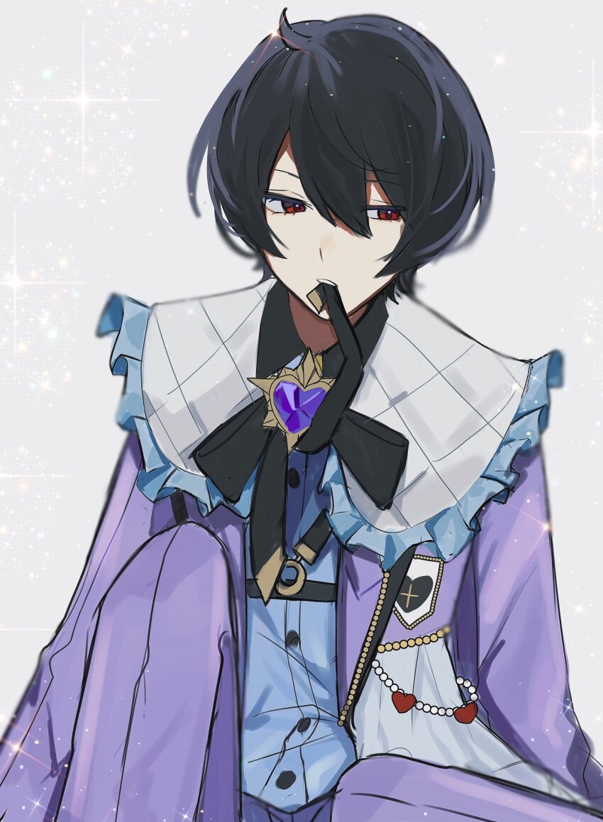 1boy, biting, biting_clothes, black_hair, black_ribbon, blouse, blue_shirt, ensemble_stars!