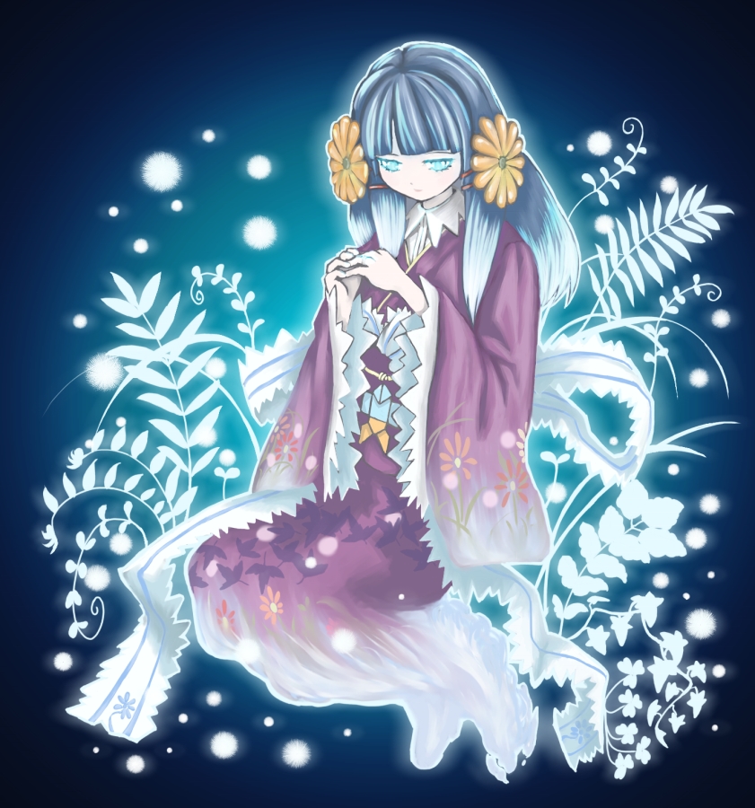 1girl, bad_id, bad_pixiv_id, blue_eyes, blue_hair, chiyo_(fragile), female_focus, flower
