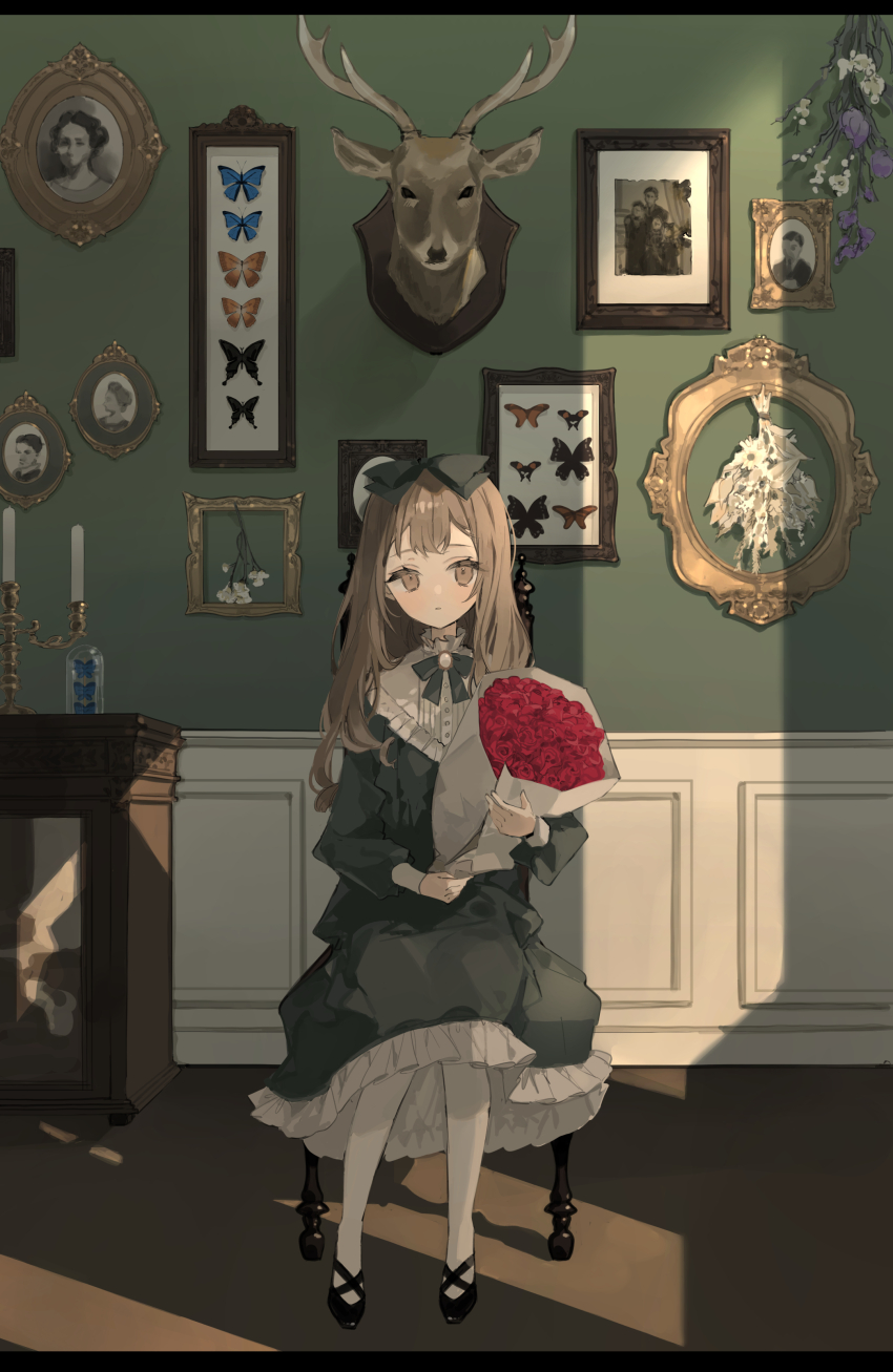 1girl, absurdres, black_dress, black_footwear, black_hairband, bouquet, bow_hairband, brown_eyes