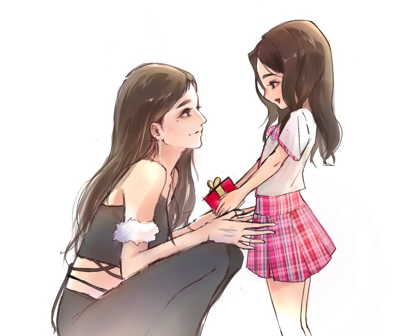 2girls, animification, birthday, black_pants, black_shirt, bow, bowtie, box