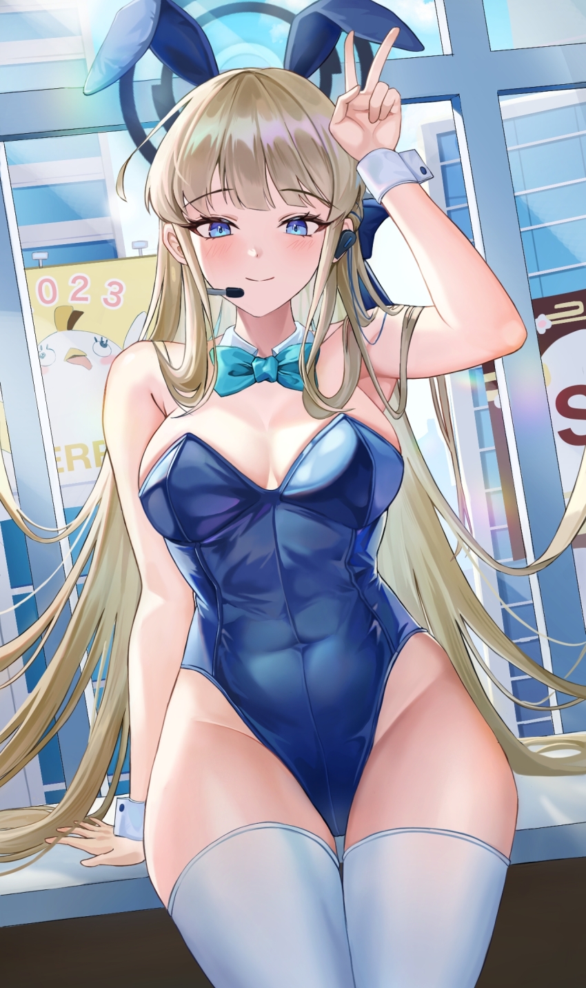 1girl, animal_ears, arm_behind_back, arm_up, bare_shoulders, blue_archive, blue_bow, blue_bowtie