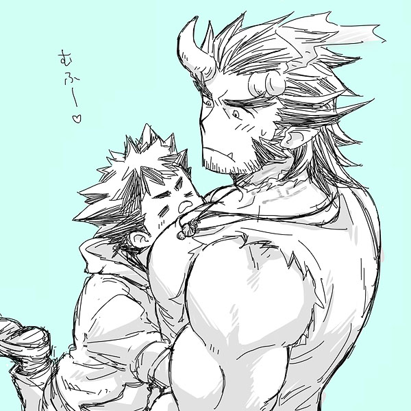 2boys, =_=, aqua_background, bara, between_pecs, between_pectorals, broken_horn, demon_boy