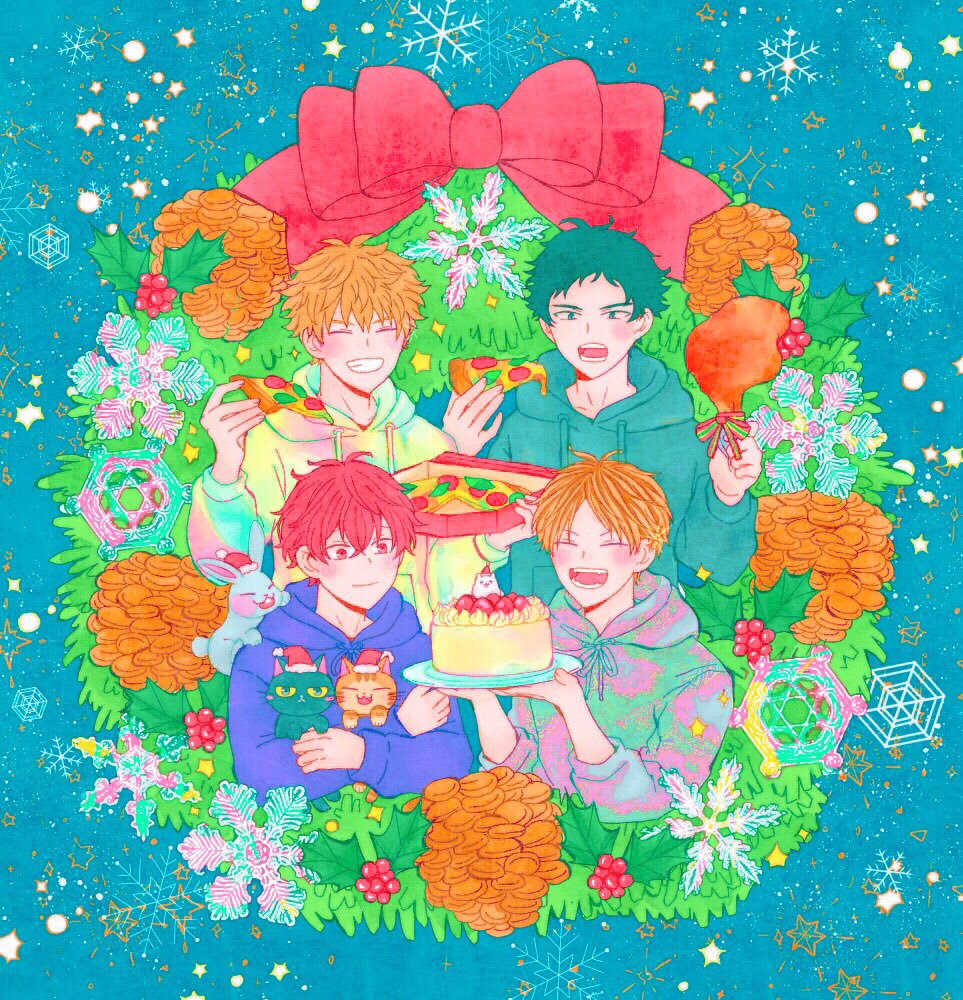 4boys, bibibimix39, black_cat, black_hair, blonde_hair, blue_background, bow, cake