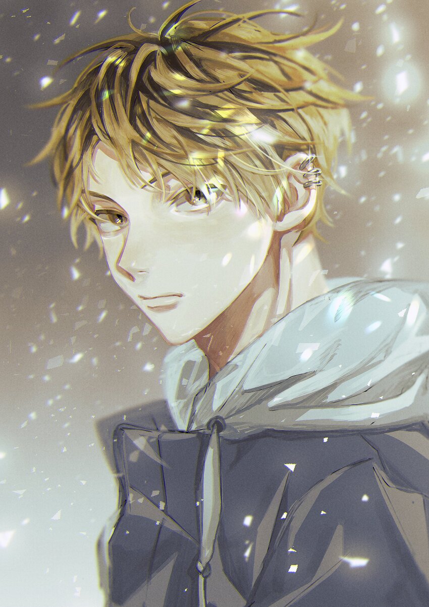1boy, absurdres, blonde_hair, ear_piercing, expressionless, given, highres, hood