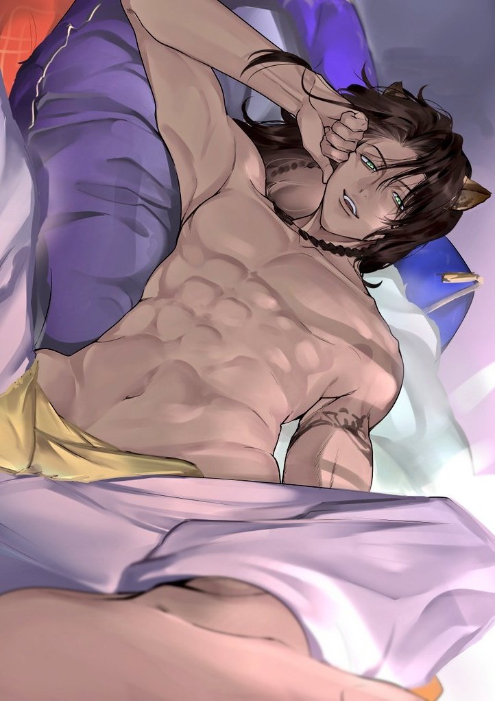 1boy, abs, animal_ears, arm_tattoo, barefoot, brown_hair, dark-skinned_male, dark_skin, green_eyes, hand_on_own_face, leona_kingscholar, lion_ears, long_hair, looking_at_viewer, lying, male_focus, muscular, muscular_male, navel, open_mouth, pillow, smile, solo, tattoo, teeth, topless_male, twisted_wonderland, upper_teeth_only, usukuchi_(hagi)