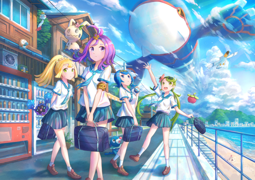4girls, acerola_(pokemon), alternate_costume, arm_up, armlet, bag, beach, bending_machine