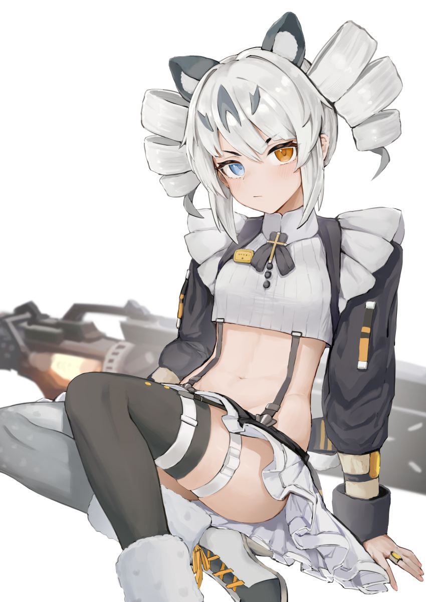 1girl, absurdres, animal_ears, black_sleeves, black_thighhighs, blue_eyes, breasts, closed_mouth, dodo_(yatotoyatoto), drill_hair, fake_animal_ears, grey_hair, grey_thighhighs, heterochromia, highres, huge_weapon, karenina:_ember_(deed_of_snow_leopard)_(pgr), karenina_(pgr), long_hair, long_sleeves, looking_at_viewer, midriff, navel, orange_eyes, punishing:_gray_raven, sidelocks, small_breasts, thigh_strap, thighhighs, twin_drills, weapon, white_background