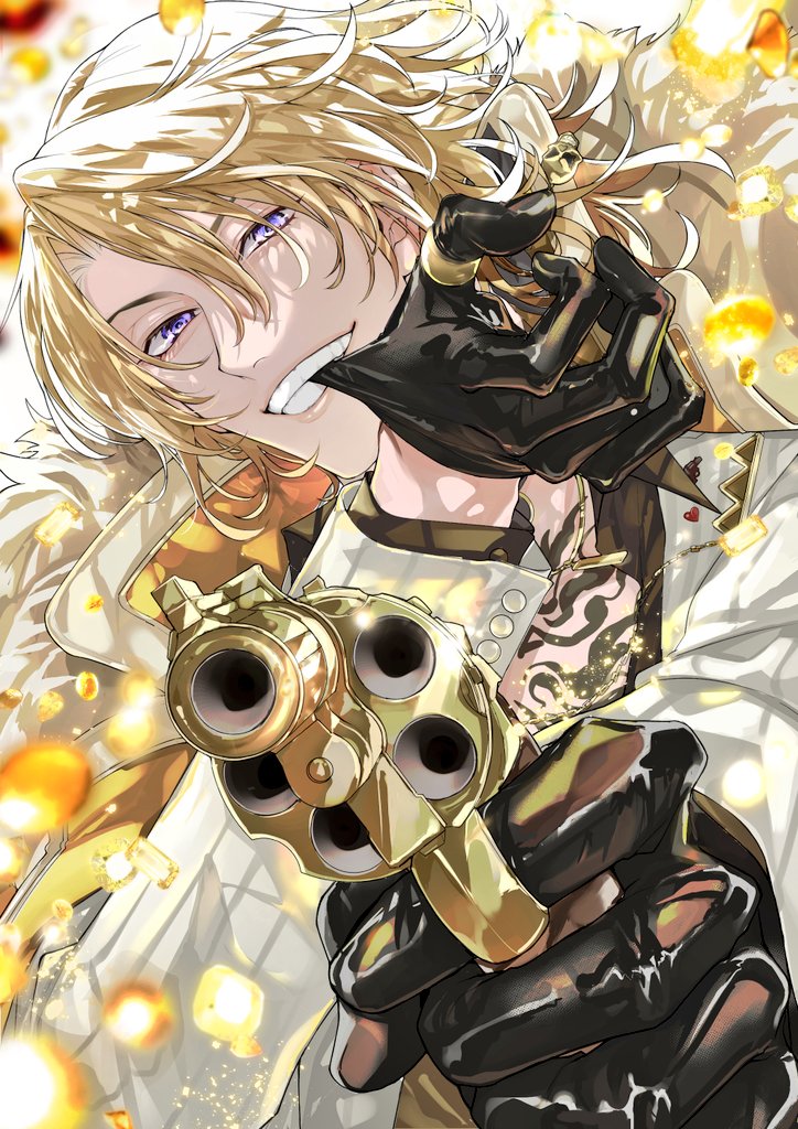 1boy, aiming, black_gloves, black_shirt, blonde_hair, buttons, chest_tattoo, coat