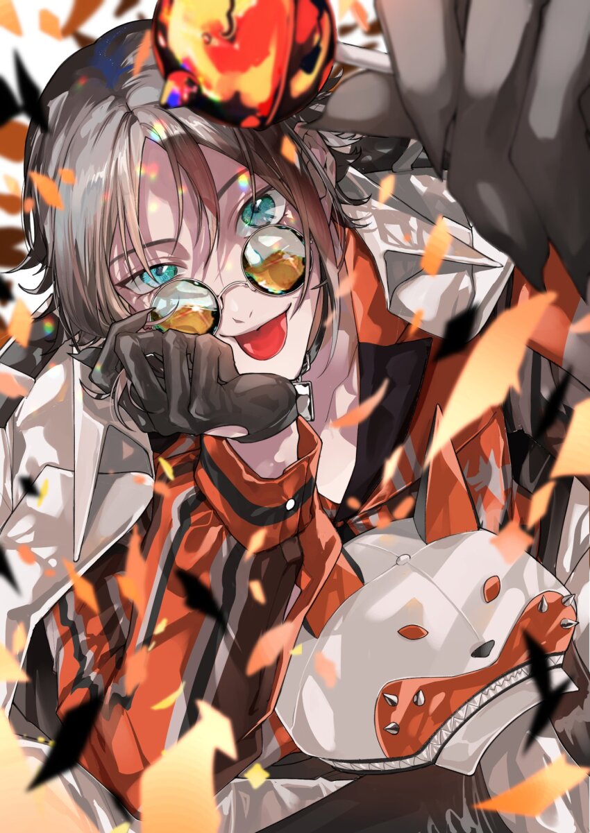 1boy, :p, animal_hat, aqua_eyes, black_collar, black_gloves, brown_hair, candy, coat, collar, collared_shirt, confetti, fingernails, food, fox_hat, from_above, glasses, gloves, hand_on_own_cheek, hand_on_own_face, hat, highres, holding, holding_candy, holding_food, holding_lollipop, lollipop, long_fingernails, long_sleeves, looking_at_viewer, male_focus, multicolored_shirt, mysta_rias, mysta_rias_(1st_costume), nijisanji, nijisanji_en, open_collar, orange-tinted_eyewear, orange_shirt, parted_bangs, round_eyewear, shirt, short_hair, sidelocks, simple_background, smile, solo, striped_clothes, striped_shirt, sunglasses, tinted_eyewear, tongue, tongue_out, usukuchi_(hagi), vertical-striped_clothes, vertical-striped_shirt, virtual_youtuber, white_background, white_coat