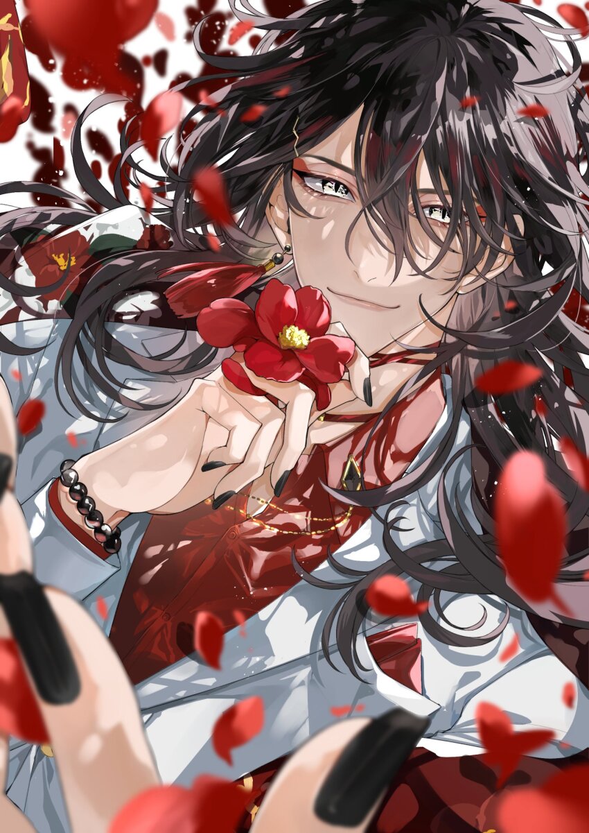 1boy, bead_bracelet, beads, bishounen, black_hair, black_nails, bracelet, choker