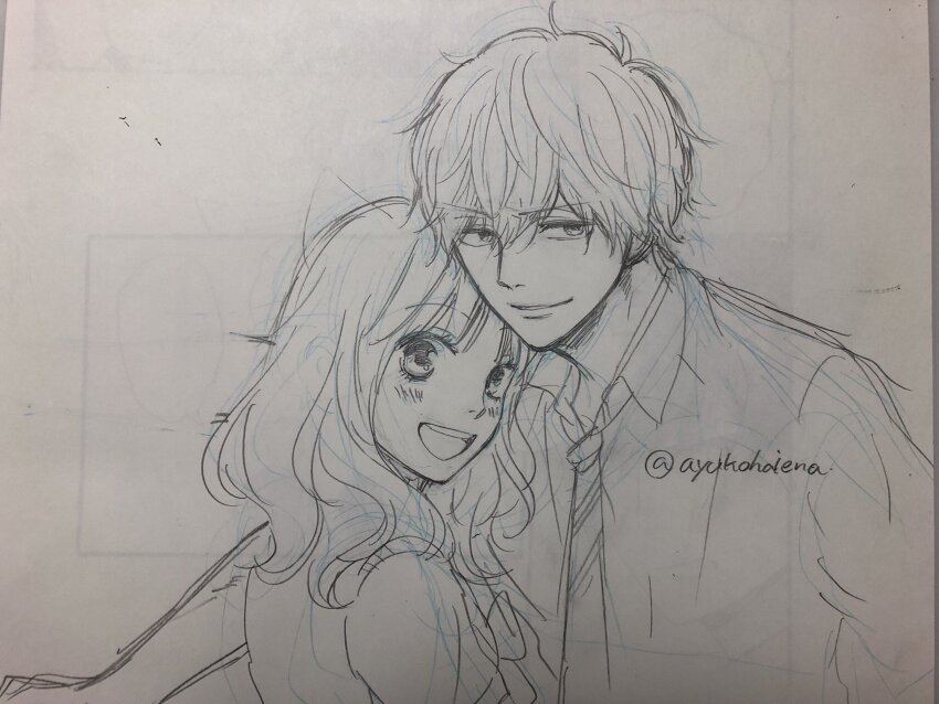 1boy, 1girl, :d, animal_ears, blush, collared_shirt, commentary_request, couple