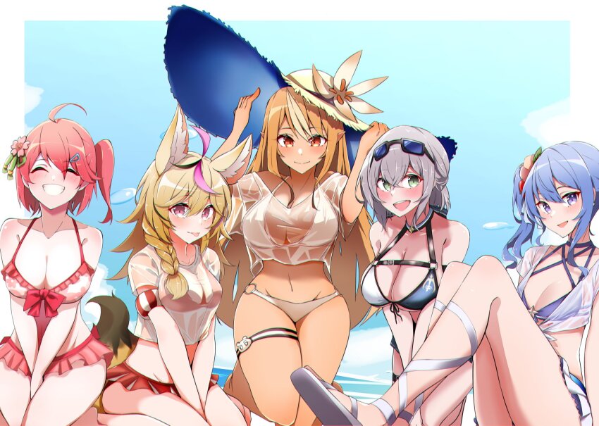 5girls, ahoge, alternate_breast_size_(larger), bikini, bikini_skirt, blonde_hair, blue_bikini, blue_eyes, blue_hair, blue_sky, blush, bow, braid, breasts, brown_hair, closed_mouth, collarbone, dark-skinned_female, dark_skin, day, eyelashes, eyewear_on_head, feet_out_of_frame, flower, green_eyes, grey_hair, hair_flower, hair_ornament, hairclip, hands_up, hat, hat_flower, highres, hololive, hoshimachi_suisei, kneeling, knees_up, large_breasts, legs, long_hair, looking_at_viewer, medium_breasts, medium_hair, multicolored_hair, multiple_girls, navel, o-ring, o-ring_bottom, omaru_polka, open_mouth, outdoors, pink_bikini, pink_eyes, pink_hair, red_bikini, red_bow, red_eyes, sakura_miko, sakura_miko_(hololive_summer_2019), sandals, shiranui_flare, shiranui_kensetsu, shirogane_noel, shirogane_noel_(summer_2020), shirt, side_braid, side_ponytail, sitting, sky, small_breasts, star_(symbol), star_in_eye, straw_hat, streaked_hair, swimsuit, symbol_in_eye, teeth, thigh_strap, thighs, tongue, tongue_out, undersized_breast_cup, virtual_youtuber, wariza, wet, wet_clothes, wet_shirt, white_bikini, white_footwear, yamaki_(yamaki801)