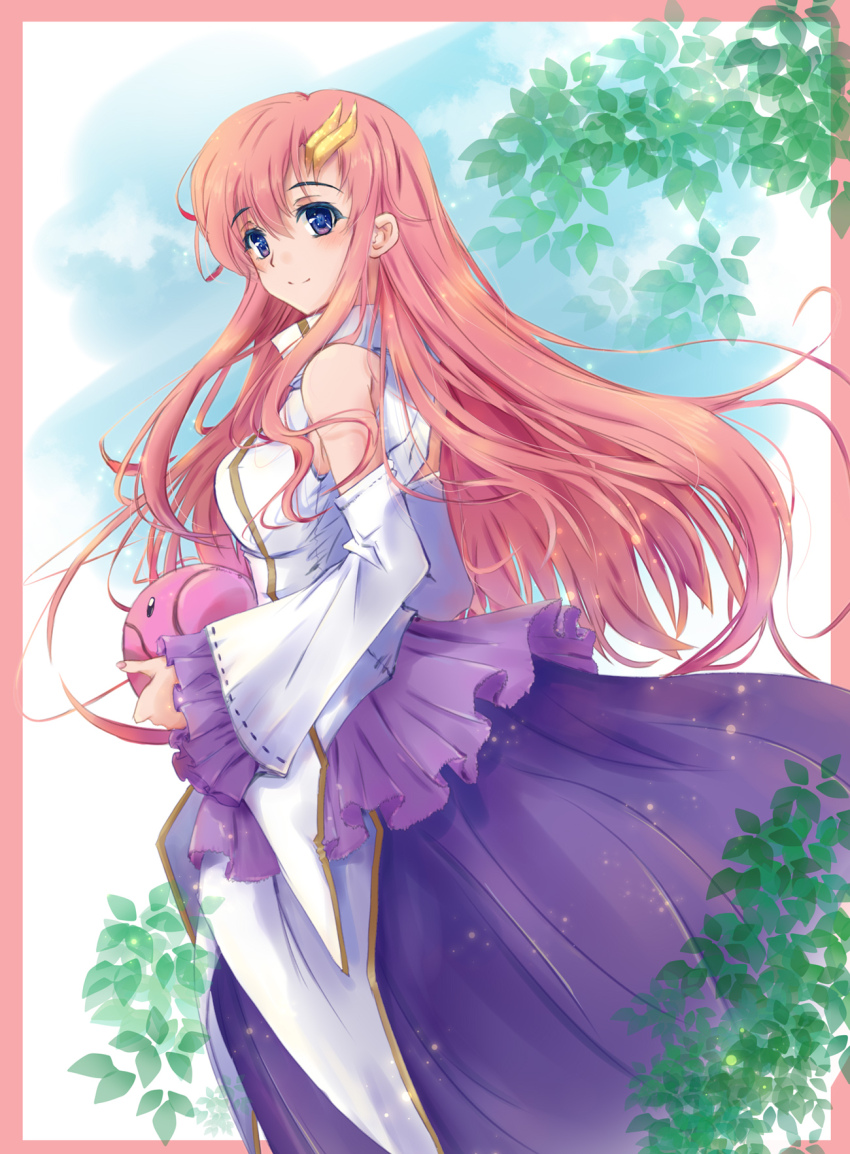 1girl, bare_shoulders, blue_eyes, border, breasts, closed_mouth, detached_sleeves, dress, gundam, gundam_seed, gundam_seed_destiny, hair_between_eyes, hair_ornament, haro, highres, hirai_hisashi_(style), holding, lacus_clyne, long_hair, looking_at_viewer, medium_breasts, nt50, pink_border, pink_hair, robot, smile, solo, white_background, white_dress