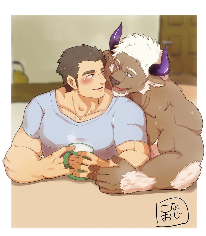 2boys, absurdres, animal_ears, bara, blue_shirt, blush, border, brown_fur, commentary_request, cow_ears, cow_horns, cup, facial_hair, furry, furry_male, goatee, highres, holding, holding_cup, horns, indoors, konaoji_(connersublow), large_pectorals, looking_at_another, male_focus, minotaur, multiple_boys, muscular, muscular_male, nude, open_mouth, outside_border, parted_lips, pectorals, protagonist_3_(housamo), purple_eyes, purple_horns, shennong_(housamo), shirt, short_hair, signature, t-shirt, thick_eyebrows, tokyo_houkago_summoners, upper_body, white_border, white_hair, yaoi