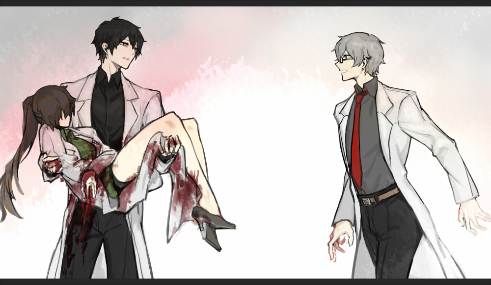 1girl, 2boys, ayin_(project_moon), belt, benjamin_(project_moon), black_hair, black_pants, black_shirt, black_shorts, blood, blood_on_clothes, blood_on_hands, blood_on_leg, breasts, brown_belt, brown_hair, carmen_(project_moon), carrying, collared_shirt, commentary_request, dying, glasses, green_eyes, green_shirt, grey_hair, grey_shirt, lab_coat, lobotomy_corporation, long_hair, long_sleeves, multiple_boys, necktie, nishikujic, open_mouth, pants, ponytail, project_moon, red_necktie, shirt, short_hair, shorts, small_breasts, spoilers, suicide, yellow_eyes
